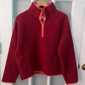 Never worn, tags still on J.Crew vintage fleece, M, color Red with pink trim.